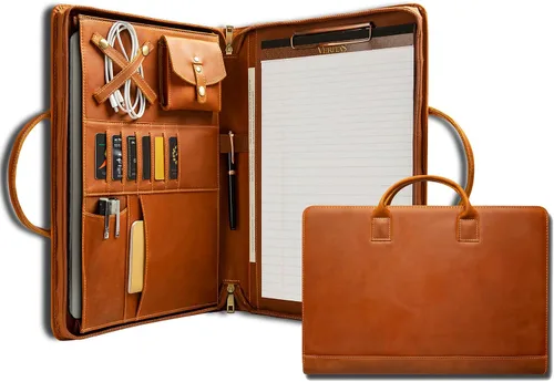 Miniatura 12 de Portafolio de Cuero Genuino, Organizador Padfolio con Asa, Padfolio Personalizado, Padfolio con Cremallera para Hombres y Mujeres, Adecuado