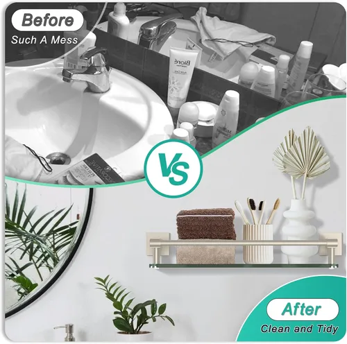 Miniatura 5 de Estantes de vidrio para baño, estantes de baño de níquel cepillado de 16 pulgadas para pared, rectangulares de acero inoxidable, vidrio templado