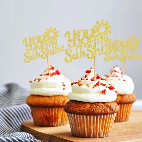 Miniatura 2 de 24 adornos dorados con purpurina para cupcakes con texto en inglés "You are My Sunshine", para baby shower, baby shower, revelación de género