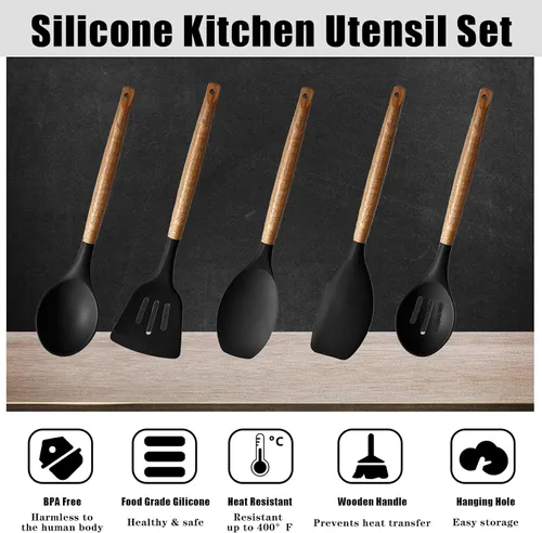 Miniatura 2 de Juego de utensilios de cocina, juego de utensilios de cocina de silicona, juego de espátulas de silicona antiadherente con mango de madera dura