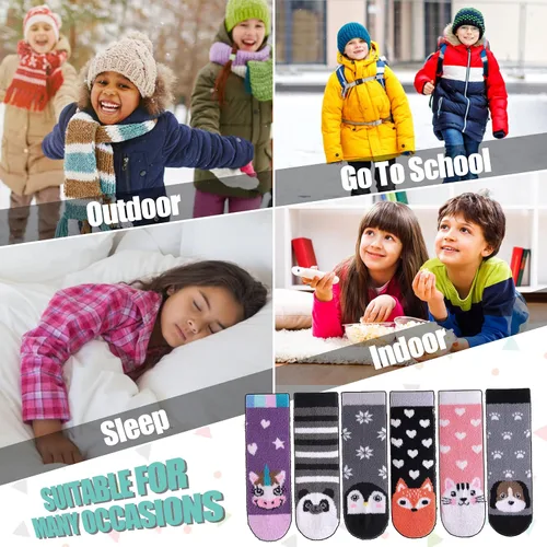 Miniatura 6 de LINEMIN Calcetines peludos para niños y niñas con agarres calcetines antideslizantes acogedores y esponjosos para invierno calcetines altos cálidos