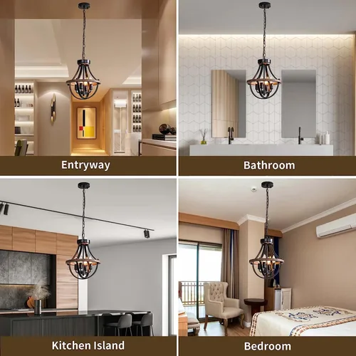 Miniatura 7 de Lámpara de Araña Estilo Granja, Lámpara Colgante Moderna, Luminaria de Techo Rústica de 4 Luces, Lámpara de Araña Vintage para Pasillo Vestíbulo