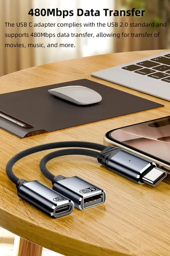 Miniatura 5 de Jadebones Cable USB C a USB OTG y adaptador de carga, divisor USB-C 2 en 1 con carga rápida de 100 W para iPhone serie 16/15, iPad, MacBook, Galaxy