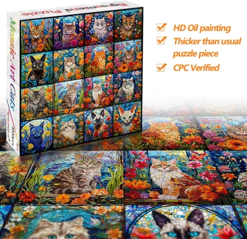 Miniatura 4 de Bgraamiens Rompecabezas de arte de mosaico de gatos, 1000 piezas, arte de vidrieras con gatos y flores, desafío de color para adultos