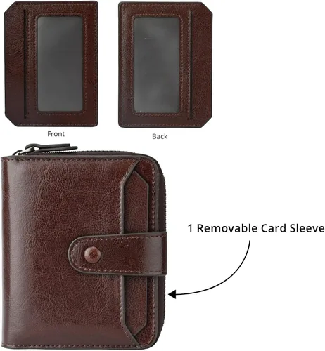Miniatura 4 de Carteras pequeñas para mujer, con bloqueo RFID, de cuero, con cremallera, bolsillo para monedas, tarjetero, con ventana de identificación, Café