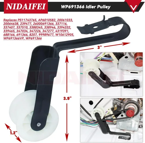 Miniatura 4 de [Actualizado] Kit de reparación de secadora 4392065 con kit de rodillo de tambor 349241T 691366 polea tensora 341241 correa de secadora WPW10359269