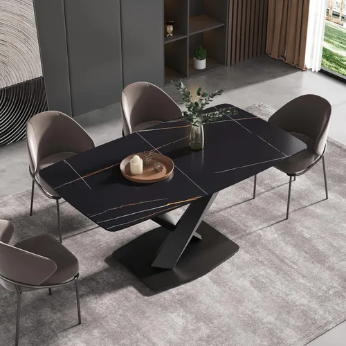 Miniatura 11 de Mesa de comedor moderna, mesa de comedor de piedra sinterizada blanca antigua con base de acero al carbono sólido en forma de X, mesa de comedor