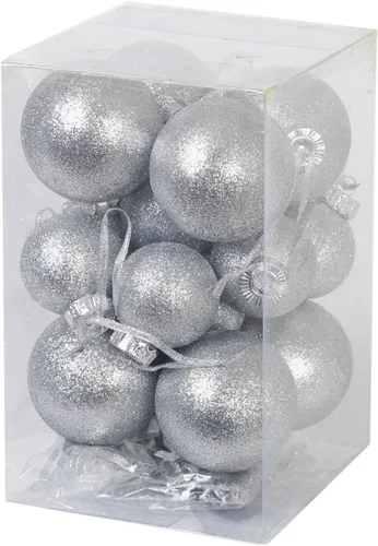 Miniatura 8 de Adornos de Navidad Plateados – 32 Piezas de Decoraciones Plásticas Irrompibles para Árbol Navideño, 16 Bolas de Nieve con Purpurina (3.15"/2.36"), 8