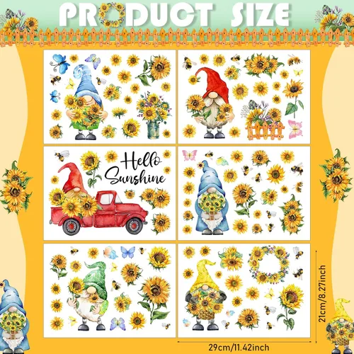 Miniatura 2 de Capoda 122 calcomanías de pared de primavera, 6 hojas, calcomanías de pared de gnomo de girasol, decoración de camión de gnomo, decoración