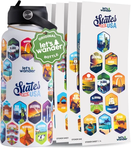 Miniatura 9 de LET'S WANDER Lets Wander 50 States - Botella de agua con calcomanías impermeables, acero inoxidable aislado a prueba de fugas de 32 onzas