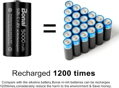 Miniatura 3 de BONAI Baterías C recargables, células C 5000mAh 1.2V Ni-MH de alta capacidad de tamaño C (paquete de 4)