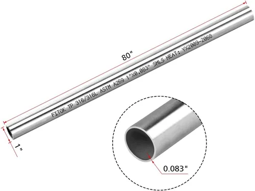 Miniatura 2 de Tubo liso de acero inoxidable 316/316L 1" DE × 0.083" de pared × 80" de longitud, tubo recocido ASTM A269 (1 pieza)