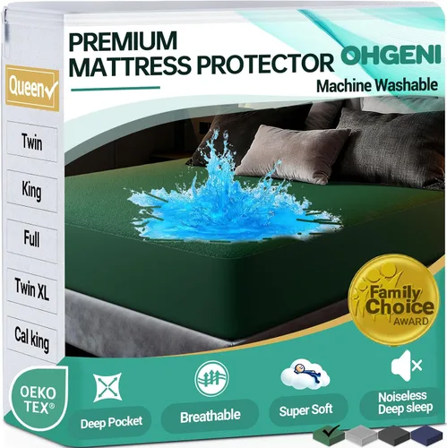 Miniatura 35 de OhGeni Protector de colchón 100% impermeable, tamaño Queen Beige, sábana bajera con bolsillos profundos, 6''-18'', material suave transpirable sin