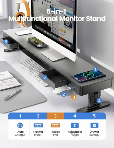 Miniatura 2 de meatanty Soporte de Monitor Doble con 4 Alturas Ajustables, Almohadilla de Carga Automática para Teléfono, 4 Puertos USB, Elevador de Computadora