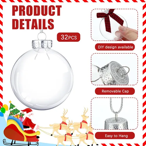 Miniatura 2 de Yookeer 64 discos de plástico para adornos navideños, bolas de plástico iridiscentes transparentes rellenables con tapa plateada y lazos a cuadros