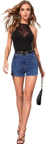 Miniatura 5 de Verdusa Top halter ajustado sin mangas de malla transparente de contraste para mujer