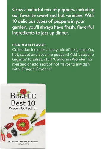 Miniatura 2 de Colección Burpee Best 10 Paquetes de Mezcla Fresca Sin OGM de Pimiento Picante y Variedades Dulces Jalapeño, Semillas de Pimiento Morrón y Más