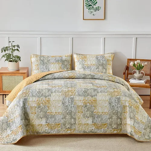 Miniatura 24 de Mybedsoul Juego de edredón bohemio beige tamaño individual, juego de colcha floral a cuadros de 3 piezas, juego de ropa de cama reversible