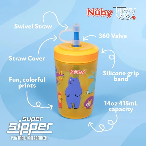 Miniatura 2 de Nuby Thirsty Kids Super Sipper - Vaso antiderrames para niños pequeños con válvula de silicona de 360° y popote giratorio, paquete de 2, 14 onzas