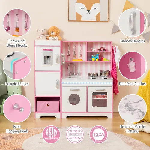 Miniatura 8 de KOTEK Juego de cocina con luces y sonidos, juego de cocina de madera para niños pequeños con máquina de hielo, lavadora, 16 accesorios y estufa, Rosa
