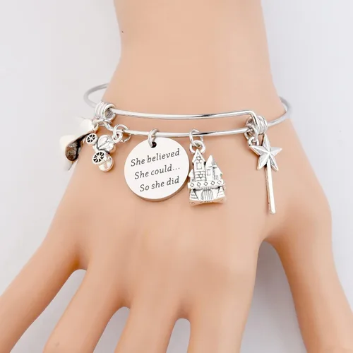 Miniatura 4 de PLITI Pulsera ajustable de acero inoxidable con texto en inglés "She Believed She Could So She Did", regalo para fanáticos de hadas