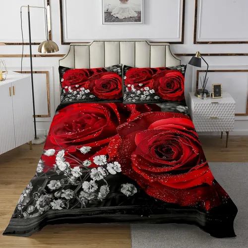 Miniatura 7 de Juego de colcha de rosas tamaño Queen, romántico juego de edredón floral de rosas rojas para niñas y mujeres, ropa de cama de rosa 3D con gota