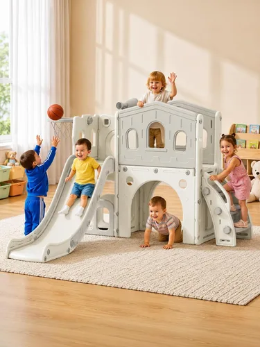 Miniatura 9 de Juego de Tobogán para Niños con Aro de Baloncesto y Telescopio, Tobogán Interior y Exterior para Niños Pequeños y Escalador para Niños y Niñas, Gris