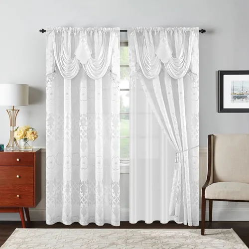 Miniatura 16 de Petrichor Cortinas de gasa jacquard transparente borgoña (54 pulgadas de ancho x 63 pulgadas de largo), 2 paneles con cenefa adjunta, diseño floral
