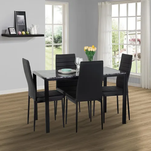 Miniatura 2 de Juego de mesa y sillas de comedor PayLessHere, moderna mesa rectangular de mármol con tapa y 4 sillas de cuero PU para comedor y cocina, mármol negro