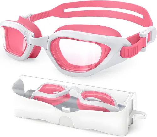 Miniatura 8 de Gafas de natación para niños en doble tono, almohadillas ajustables para la nariz y silicona suave a prueba de fugas (6-14), visión clara, antivaho