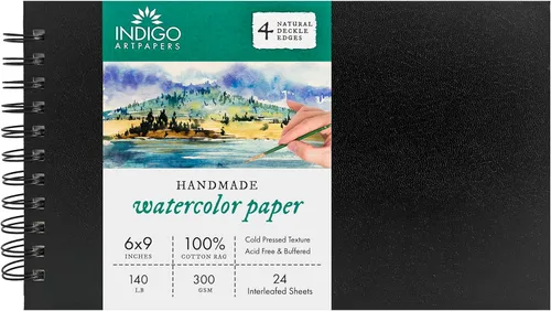 Indigo Artpapers Papel de acuarela, 24 hojas, 6 x 9 pulgadas (140 libras/10.58 oz), trapo 100% algodón hecho a mano, prensado en frío, papel de
