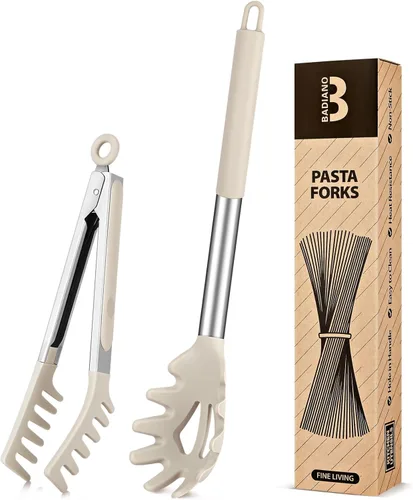 Miniatura 10 de Cuchara de silicona para espaguetis y pinza para pasta, mango de acero inoxidable antiadherente, juego de tenedores para pasta con dientes, clip Azul