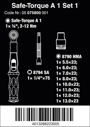 Miniatura 2 de Wera 05075830001 Safe-Torque A 1 juego 1, juego de llaves dinamométricas, accionamiento de cabeza cuadrada de 1/4", 2-12 Nm, 10 piezas