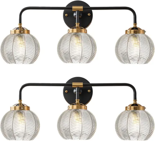 Miniatura 26 de Lámparas de baño de mediados de siglo, aplique de pared de 2 luces con pantalla de vidrio con rayas verdes, luz de montaje en pared, luces modernas