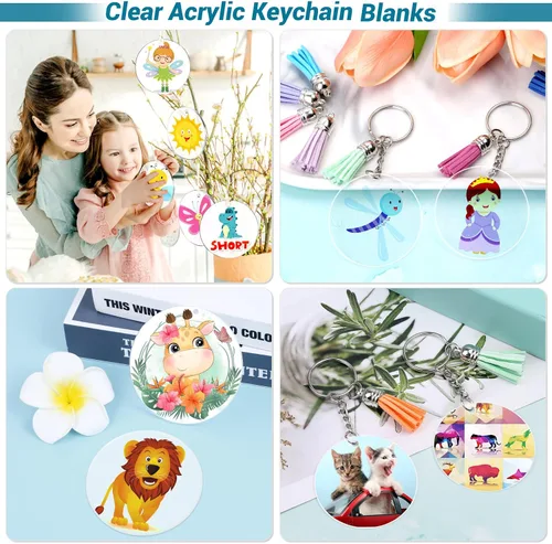 Miniatura 8 de 350 llaveros acrílicos en blanco Cludoo Clear Acrylic Ornament en blanco para vinilo con 60 piezas en blanco, 60 borlas de llavero, 170 anillos