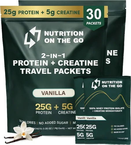 Miniatura 11 de Nutrition On The Go Paquetes aislados de proteína de suero con creatina, 0.88 oz de proteína + 0.18 oz de creatina, proteína de viaje en polvo