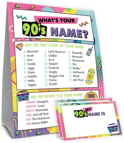Miniatura 33 de ¿Cuál es tu nombre de los años 50 Juego, 1 señal de doble cara y 30 tarjetas adhesivas, Juegos de fiesta de cumpleaños retro para niños y adultos