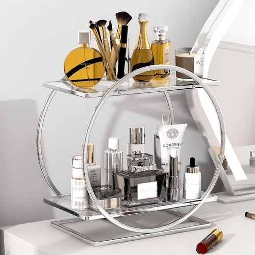 Miniatura 14 de Organizador de Maquillaje para Tocador, Organizador de Perfumes Negro Dorado para Cómoda, Organizadores de Encimera de Baño de 2 Niveles, Estante