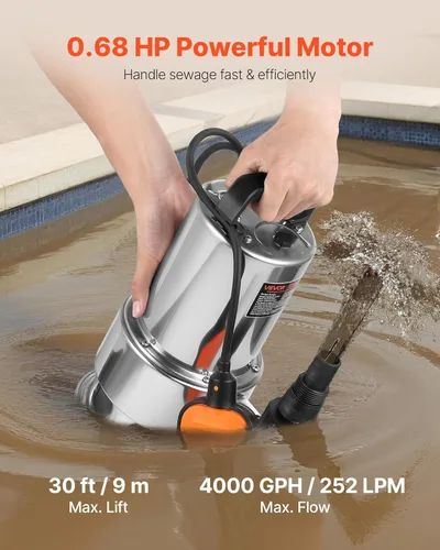 Miniatura 2 de VEVOR Bomba de sumidero sumergible de 0.68 HP, 4000 GPH, bomba de agua limpia sucia sumergible de acero inoxidable con interruptor de flotador