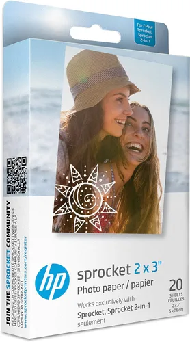 HP Sprocket - Papel fotográfico adhesivo Zink de 2 x 3 pulgadas (20 hojas) compatible con impresoras fotográficas HP Sprocket.