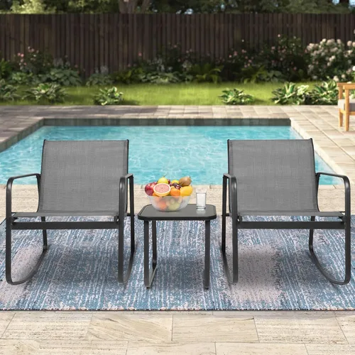 Miniatura 11 de Mecedoras para exteriores de 3 piezas, juego de muebles de bistró para patio, 2 sillas mecedoras de acero negro con cojín y mesa de centro de Marrón