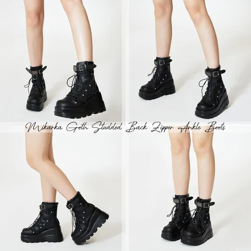 Miniatura 2 de mikarka Botas de plataforma holográfica para mujer, con cordones, hebilla con tachuelas, góticas, apiladas, botas de combate