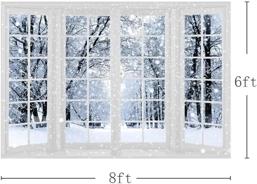 Miniatura 3 de MEHOFOND Telón de fondo de fotografía de invierno de 8 x 6 pies con diseño de bosque de nieve blanca, ventana, copo de nieve, árbol, decoración