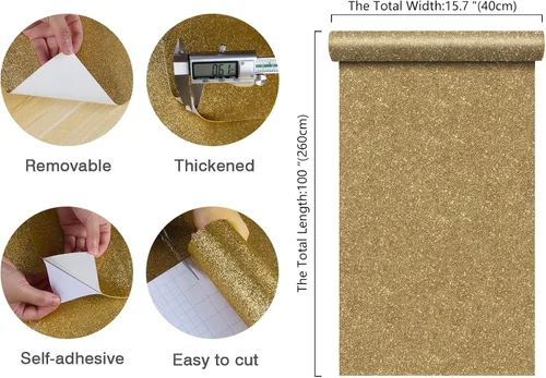 Miniatura 2 de CHIHUT Papel de Contacto con Purpurina Dorada Champán Despegar y Pegar Papel Tapiz con Purpurina Brillante Removible Autoadhesivo Papel Tapiz de Oro