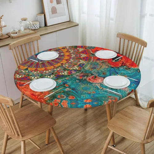 Miniatura 3 de Mantel elástico redondo con diseño de mandala azul y rojo con borde ajustable para mesa de 45 a 50 pulgadas de diámetro