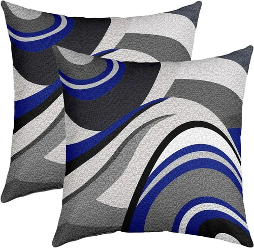 Miniatura 5 de Juego de 4 fundas de almohada geométricas reversibles para exteriores de 16 x 16 pulgadas, diseño geométrico de rayas azules, negras y grises, juego