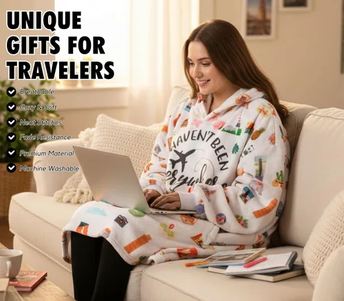 Miniatura 2 de Regalos de viaje para mujeres y hombres, manta de franela con capucha, súper suave, cálida y acogedora con dos bolsillos grandes