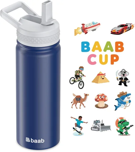 Miniatura 11 de baab Botella de agua para niños de 18 onzas, botella de agua aislada con popote y calcomanías, taza con popote de agua para niños de acero