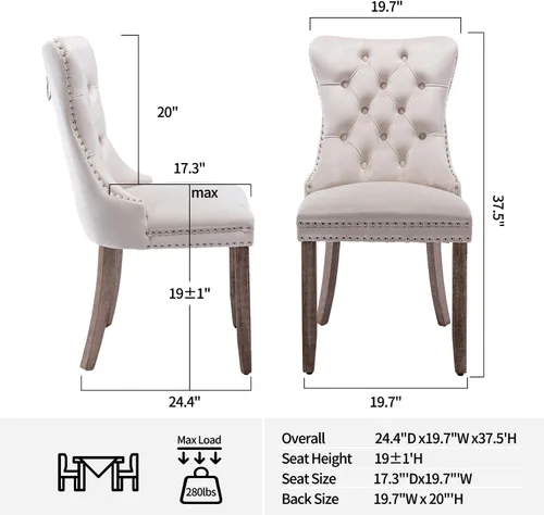 Miniatura 3 de Cómodo juego de 2 sillas de comedor de terciopelo copetudo, silla de comedor tapizada beige con patas de madera maciza, anillo trasero tirador