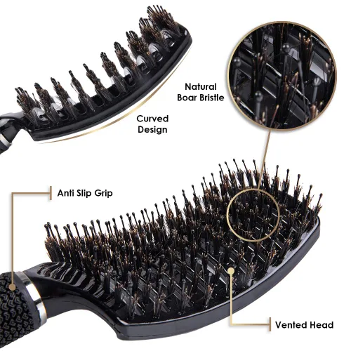 Miniatura 3 de ThickTails Cepillo curvado ventilado de cerdas de jabalí para secar con soplado, desenredar y peinar cabello rizado y grueso (paquete de 2)